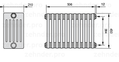 Схема (чертеж) Радиатор Zehnder Charleston 6045/11 №7610 Белый глянцевый RAL 9016